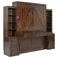 Queen Size Murphy Bed with Desk & Storage, Space-Saving Wood Wall Bed with Cabinets & Drawers, Dark Brown