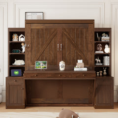 Queen Size Murphy Bed with Desk & Storage, Space-Saving Wood Wall Bed with Cabinets & Drawers, Dark Brown