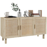 HOMCOM Sideboard Buffet Cabinet, Kitchen Cabinet, Coffee Bar Cabinet with 3 Rattan Doors and Adjustable Shelves, Natural Mixed