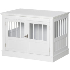 PawHut Dog Crate End Table with Triple Doors, Wooden Dog Crate Furniture Indoor Use, Puppy Crate with and Steel Tubes, for Small Dogs, White