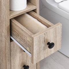 kleankin Freestanding Compact Design Bathroom Cabinet with 2 Open Cabinets, 1 Door Cabinet, 1 Drawer and 4 Rolling Wheels, Oak Grain Color