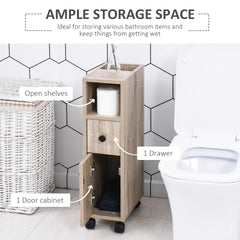 kleankin Freestanding Compact Design Bathroom Cabinet with 2 Open Cabinets, 1 Door Cabinet, 1 Drawer and 4 Rolling Wheels, Oak Grain Color