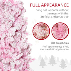 HOMCOM 7.5ft Prelit Snow Flocked Artificial Christmas Tree with Pencil Shape, Pine Realistic Branches, Warm White LED lights, Auto Open, Pink and White