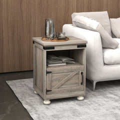 HOMCOM Small Side Table with Storage, Farmhouse End Table with Open Shelf and Cupboard, Modern Sofa Table with Wood Legs for Living Room, Gray