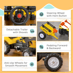 Aosom Kids Ride-On Excavator, Pedal Car Bulldozer, Move Forward/Back with Real Working Dirt Bucket, 6 Wheels, & Cargo Trailer