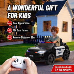 Qaba 12V Electric Car for Kids, Battery Powerd Kids Car Police Car with Remote Control, 4 Spring Suspension Wheels, Transport Wheel, Siren, Music, Light, Horn, Black