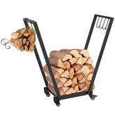 Outsunny 31 Inch Firewood Rack with Swivel Casters, Metal Wood Storage, Holder with Kindling and Tool Hooks, Heavy Duty Log Organizer for Indoor and Outdoor Use, Black