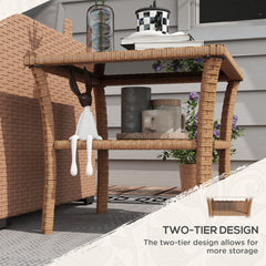 Outsunny Rattan Side Table, Outdoor End Table with Storage Shelf, Aluminum Frame Square, Coffee Table with Tempered Glass Top, Sand