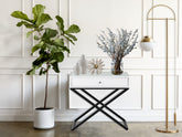 Koraldo 23"W White Wooden End Side Table Nightstand with Glass Top, Drawer and Metal Cross Base