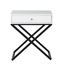 Koraldo 23"W White Wooden End Side Table Nightstand with Glass Top, Drawer and Metal Cross Base