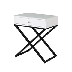 Koraldo 23"W White Wooden End Side Table Nightstand with Glass Top, Drawer and Metal Cross Base