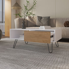 Gramling Coffee Table with a Drawer and Hairpin Legs, White + Natural Oak