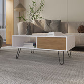 Gramling Coffee Table with a Drawer and Hairpin Legs, White + Natural Oak