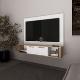 Lesslie Entertainment Center Multistorage and Cable Management, White and Natural Oak