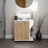 AS CRZ Under Sink Storage Cabinet for Pedestal Sink, Compact Bathroom Organizer with Side Compartment, White and Natural Oak