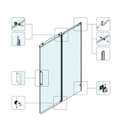60*76"Fixed & Sliding Shower Door, Square Tube Hardware, Clear Glass Shower Door, 3/8″ (10mm) SGCC Tempered Glass, Stainless Steel