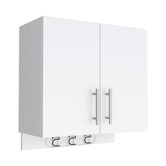 Wall cabinet 27" H, three broom hangers and metal handles, two internal shelves, two doors, white