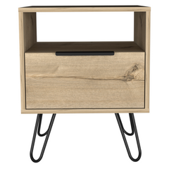 Nightstand 22"H, One Open Shelf, Single Door Cabient, Hairpin Legs, Light Oak
