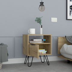 Nightstand 22"H, One Open Shelf, Single Door Cabient, Hairpin Legs, Light Oak