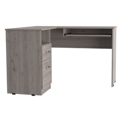L-Shaped Desk, Keyboard Tray, Two Drawers, One Open Shelf, Light Gray