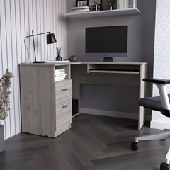 L-Shaped Desk, Keyboard Tray, Two Drawers, One Open Shelf, Light Gray