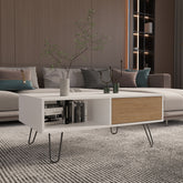Coffee Table, 1 Drawer, 1 Shelf, White / Natural Oak