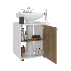 Under Sink Storage 24.4" H, 1 Door, 2 Shelves, 4 Legs, White / Natural Oak - Bathroom