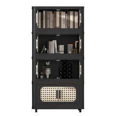Retro Black, 20" Side Wide Folding Storage Cabinet ,4 Tiers,19.69"×11.81"×40.55",Collapsible Storage Bins with Magnetic Door, Plastic Storage Cabinet with Wheels
