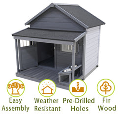 Large dog house, long 44.2" x wide 44.6" x high 44.6" Solid wood asphalt roof dog house with large terrace for large dogs, weatherproof large dog house (improved),Small wooden doors that can be locked