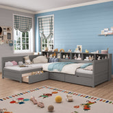 Twin Size Day Bed for 2, L- Shape Twin Size Bed Frame with Storage 3 Drawers, Wooden Corner Bed with Bookshelf, Corner Bed Frame For Bedroom, Living Room,Grey