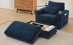 Modern Style Armchair 42.5" Chaise Lounge Sofa Couch with a Movable Storage Ottoman, Two USB Ports, Two Cup Holders, a Phone Holder and Side Pockets for Living Room, Blue