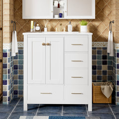 30'' Bathroom Vanity with Ceramic Sink Combo, Solid Wood Frame Bathroom Storage Cabinet, Freestanding Vanity Set with 4 Drawers& Soft Closing Doors, White