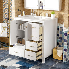 30'' Bathroom Vanity with Ceramic Sink Combo, Solid Wood Frame Bathroom Storage Cabinet, Freestanding Vanity Set with 4 Drawers& Soft Closing Doors, White
