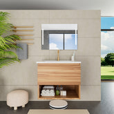 24 Inch Bathroom Vanity Cabinet With Ceramic Sink - Walnut Wall Mounted Floating Fluted Vanity With Drawers, Modern