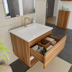 24 Inch Bathroom Vanity Cabinet With Ceramic Sink - Walnut Wall Mounted Floating Fluted Vanity With Drawers, Modern
