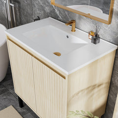 30 Inch Bathroom Vanity with Sink, Floor - Standing Structure for Stability, Soft - Closing Drawers for Noiseless Operation, Sleek Oak Finish for Modern Aesthetic(White Sink)