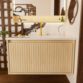 30 Inch Bathroom Vanity Cabinet With Ceramic Sink - Natural Wood Wall Mounted Floating Fluted Vanity With Drawers, Modern