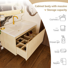 30 Inch Bathroom Vanity Cabinet With Ceramic Sink - Natural Wood Wall Mounted Floating Fluted Vanity With Drawers, Modern