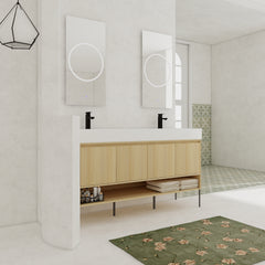 60" Bathroom Vanity Combo w/Single Resin Sink, Modern Storage Cabinet Set 4 Door, Multilayer solid wood, Oak
