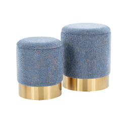 Marla Contemporary Nesting Ottoman Set in Gold Metal and Blue Fabric by LumiSource