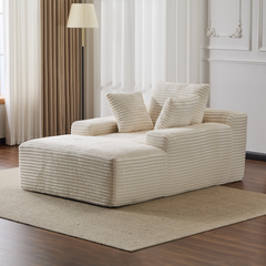 Oversized Chaise Lounge Chair Cozy Cloud Couch, Modern Plush Corduroy Upholstered Sleeper Sofa Daybed with 3 Throw Pillows and Wide Armrest for Living Room, No Assembly Required,White