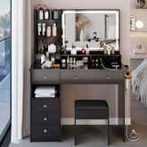 41 inch Large Size Left Drawer Desktop Vanity Table+Cushioned Stool Dresser Set, 2 AC+2 USB Power Station, Hair Dryer Stand, Extra Large Touch Control LED Mirror, 3-color Switch, EPA, GCC, UL Certificate