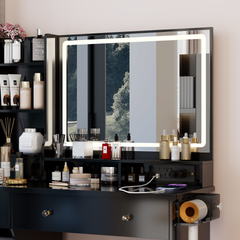 41 inch Large Size Left Drawer Desktop Vanity Table+Cushioned Stool Dresser Set, 2 AC+2 USB Power Station, Hair Dryer Stand, Extra Large Touch Control LED Mirror, 3-color Switch, EPA, GCC, UL Certificate