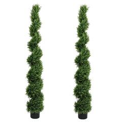 6FT two-tone spiral-shaped potted cedar tree; a realistic evergreen plant, suitable for decorating outdoor gardens, porches, patios, etc.; 2pcs/set