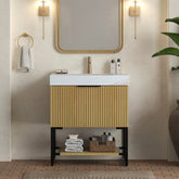 YOLAN 30" Bathroom Vanity&Sink, Freestanding Striped Plywood Storage Cabinet with Drawer&Open Shelf, Calacatta Gold Sintered Stone Top&Undermount Ceramic Basin, Pre-assembled, Corolla Oak Woodgrain