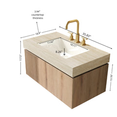 MURI 36" Bathroom Vanity&Sink, Floating Plywood Storage Cabinet with Drawer&Door, Roma Travertine Sintered Stone Top&Ceramic Basin with 3 Pre-drilled Faucet Holes, Pre-assembled, White Oak Woodgrain