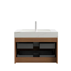 TILLEY 30" Bathroom Vanity&Sink, Wall-Mounted Stripe Plywood Storage Cabinet with 2 Drawers, Calacatta Gold Sintered Stone Top with Ceramic Undermount Basin, Pre-assembled, Brown Oak Woodgrain Color