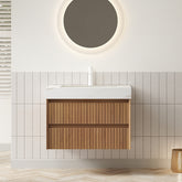 TILLEY 30" Bathroom Vanity&Sink, Wall-Mounted Stripe Plywood Storage Cabinet with 2 Drawers, Calacatta Gold Sintered Stone Top with Ceramic Undermount Basin, Pre-assembled, Brown Oak Woodgrain Color