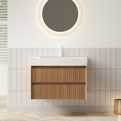TILLEY 30" Bathroom Vanity&Sink, Wall-Mounted Stripe Plywood Storage Cabinet with 2 Drawers, Calacatta Gold Sintered Stone Top with Ceramic Undermount Basin, Pre-assembled, Brown Oak Woodgrain Color