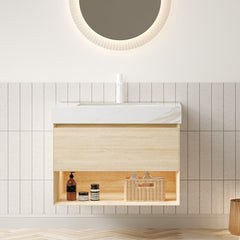 FRIGGA 30" Bathroom Vanity&Sink, Floating Plywood Storage Cabinet, Drawer&Shelf with Sensor Light, Ceramic Undermount Basin&Calacatta Gold Sintered Stone Top, Pre-assembled, Travertine Texture Finish